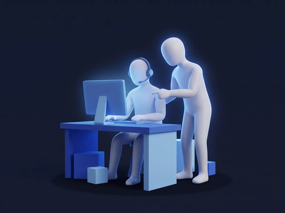 Figur mit Headset am Schreibtisch, Kollege zeigt etwas